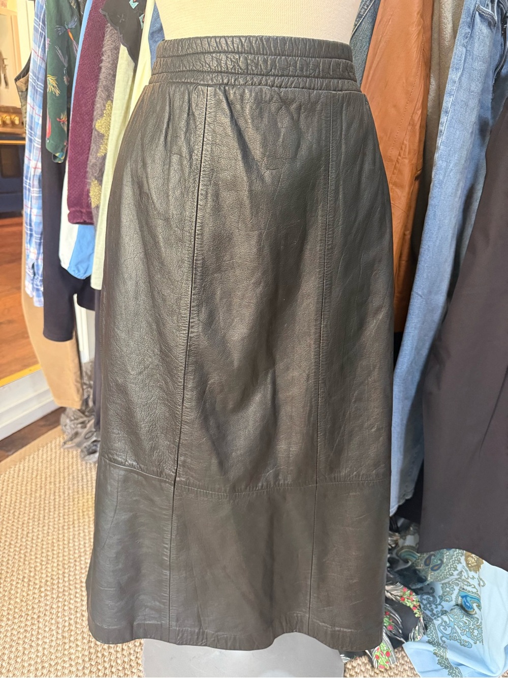 Vintage Black Leather A-Line Midi Skirt